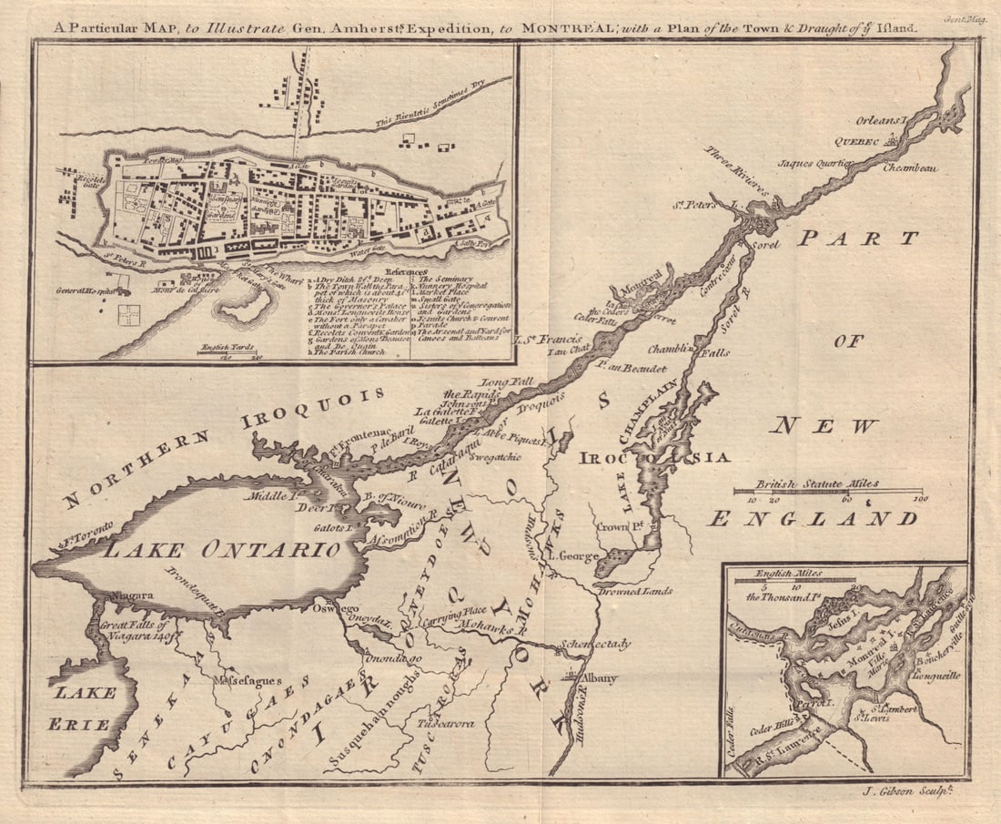 Map to illustrate Gen. Amherst's expedition to Montreal. GIBSON 1760 old: Title: Map to illustrate Gen. Amherst's expedition to Montreal. GIBSON 1760 old Description: A Particular Map to Illustrate Gen. Amherst's Expedition to Montreal; with a Plan of the Town & Draught