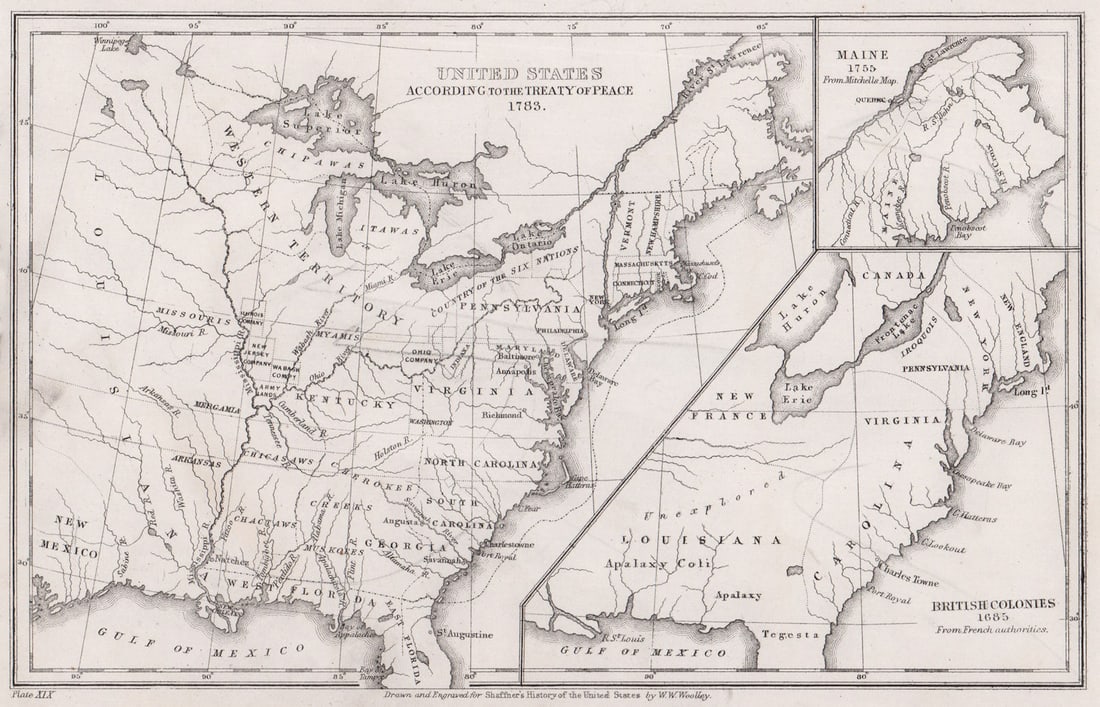 United States according to the 1783 Peace Treaty. British Colonies 1685 1863 map: Title: United States according to the 1783 Peace Treaty. British Colonies 1685 1863 map Description: United States According to the Treaty of Peace 1783; Inset Map of Maine 1755 from Mitchells Map, Br