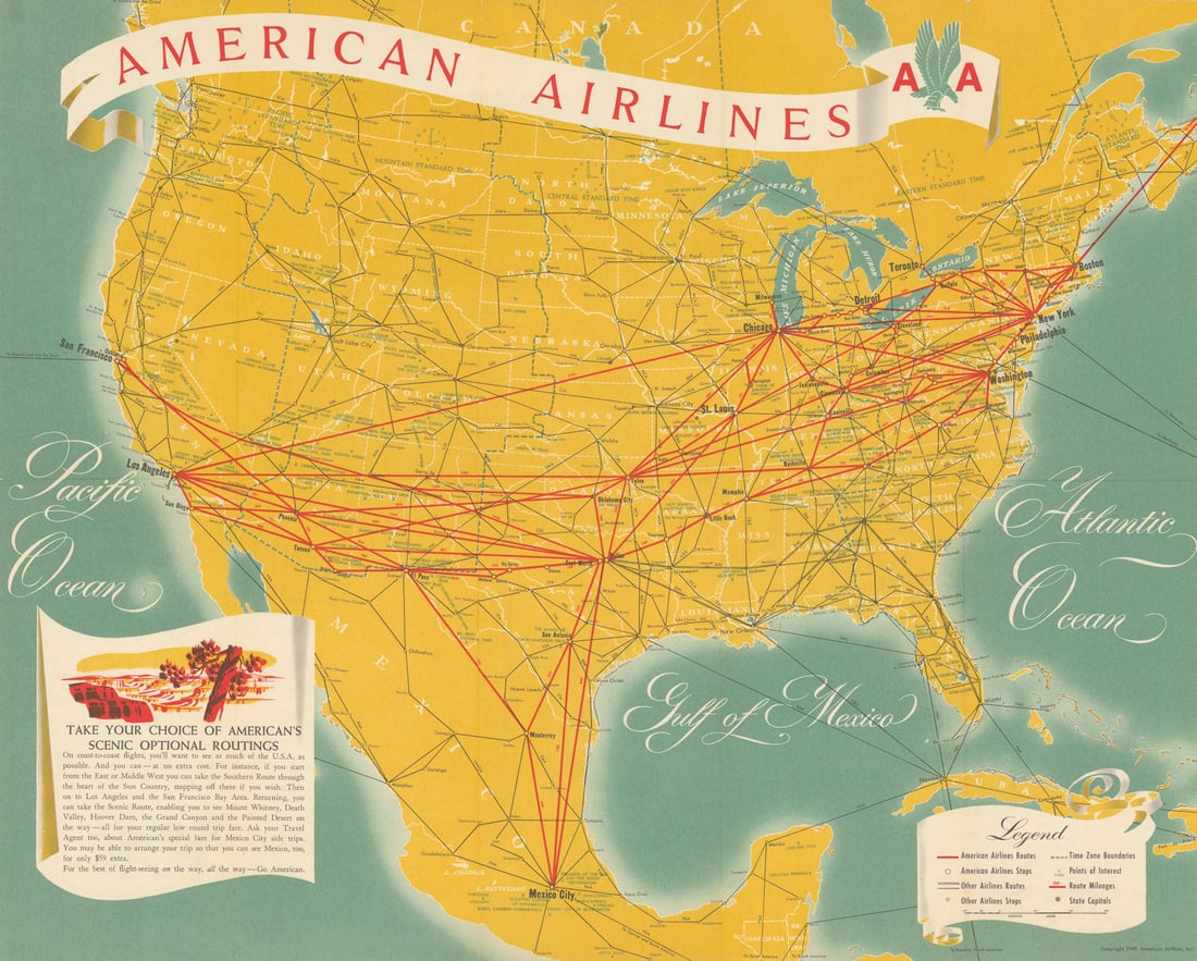 American Airlines system network route map. 16"x20" 1949 old vintage chart: Title: American Airlines system network route map. 16"x20" 1949 old vintage chart Description: American Airlines International System Map' by American Airlines. Published 1949. Vintage airline folding