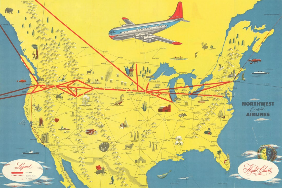 Northwest Orient Airlines. Pictorial network route map 16"x24" 1949 old (1 of 1)