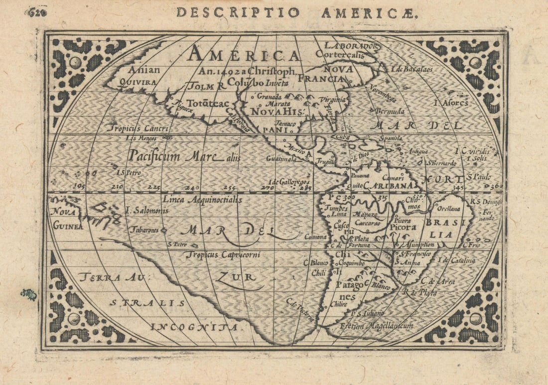 Americae / America by Bertius / Langenes. The Americas 1603 old antique map: Title: Americae / America by Bertius / Langenes. The Americas 1603 old antique map Description: Descriptio Americae / America [The Americas]. The map prominently shows Terra Australia Incognita occupy