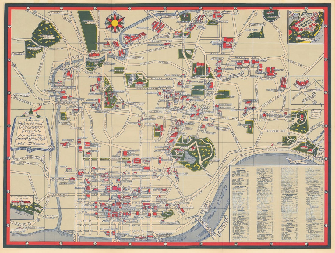 A New Map Historical & Pictorial of Cincinnati, Queen City. 17x22in 1940: Title: A New Map Historical & Pictorial of Cincinnati, Queen City. 17x22in 1940 Description: A New Map - Historical & Pictorial - Cincinnati - Queen City' by Thompson, Jo. Published 1940. Vintage 