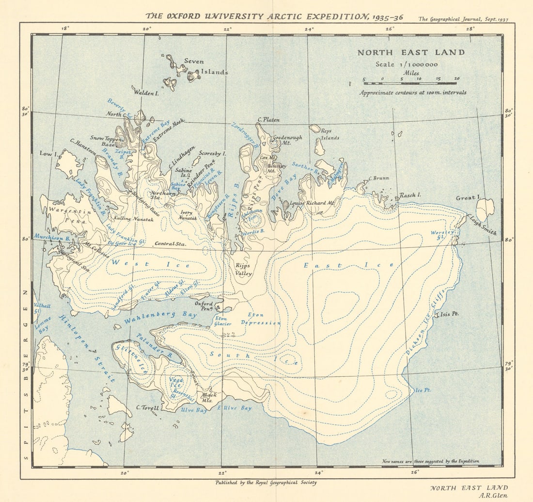 Svalbard. Nordaustlandet/North East Land. OUAE 1935/6 Arctic. RGS/Glen 1937 map (1 of 1)