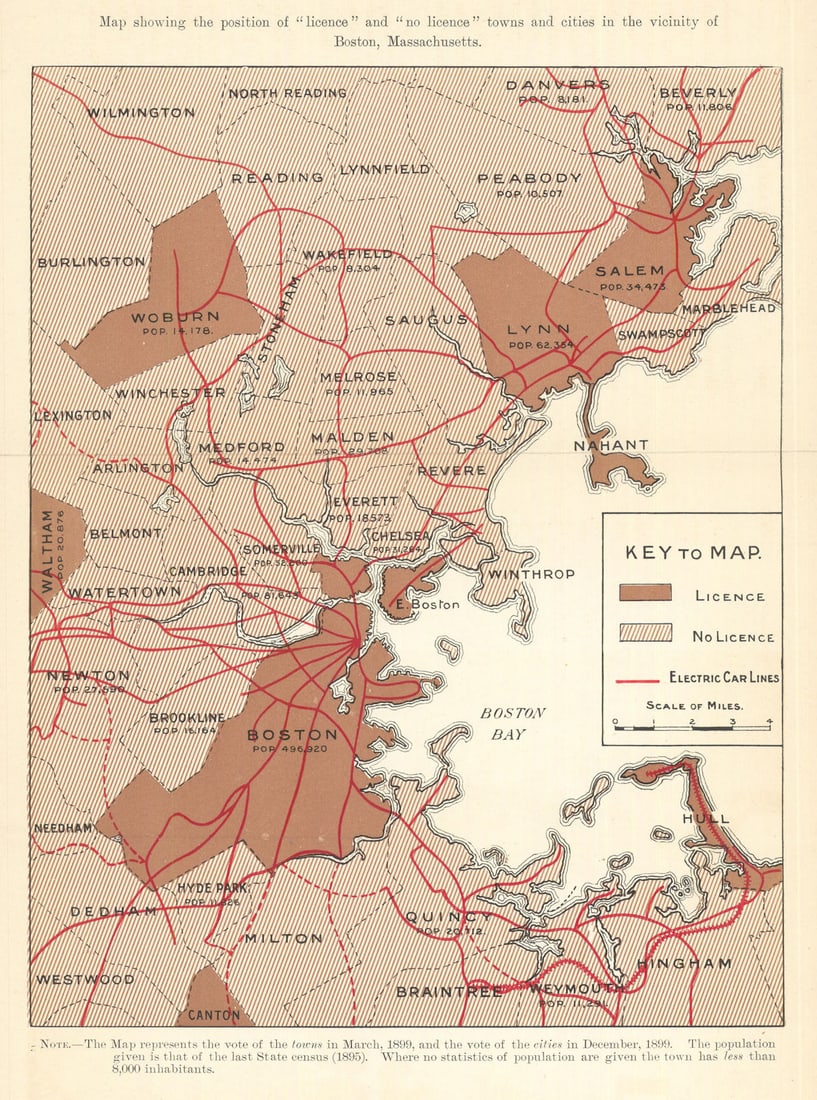Prohibition/drink map. Licence & No licence towns near Boston Massachusetts 1899 (1 of 1)