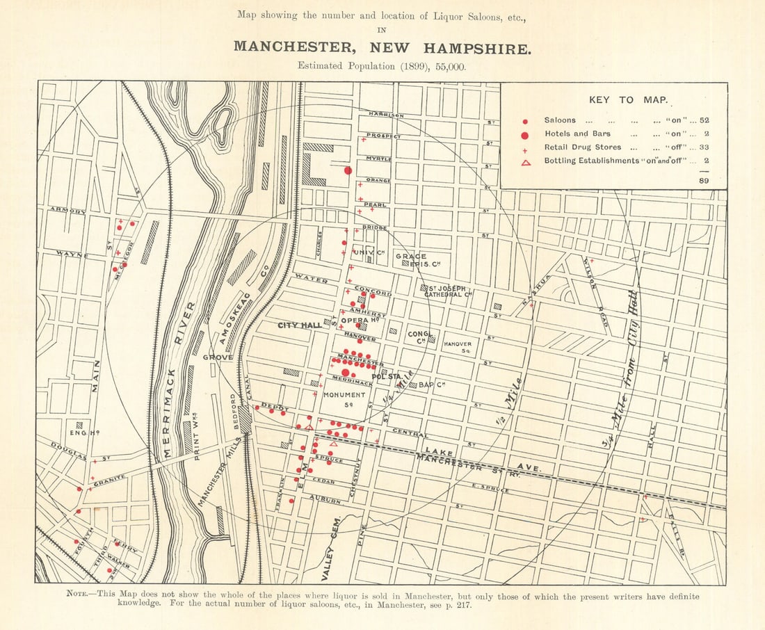 Manchester, New Hampshire liquor saloons. Temperance/Prohibition/drink map 1899 (1 of 1)