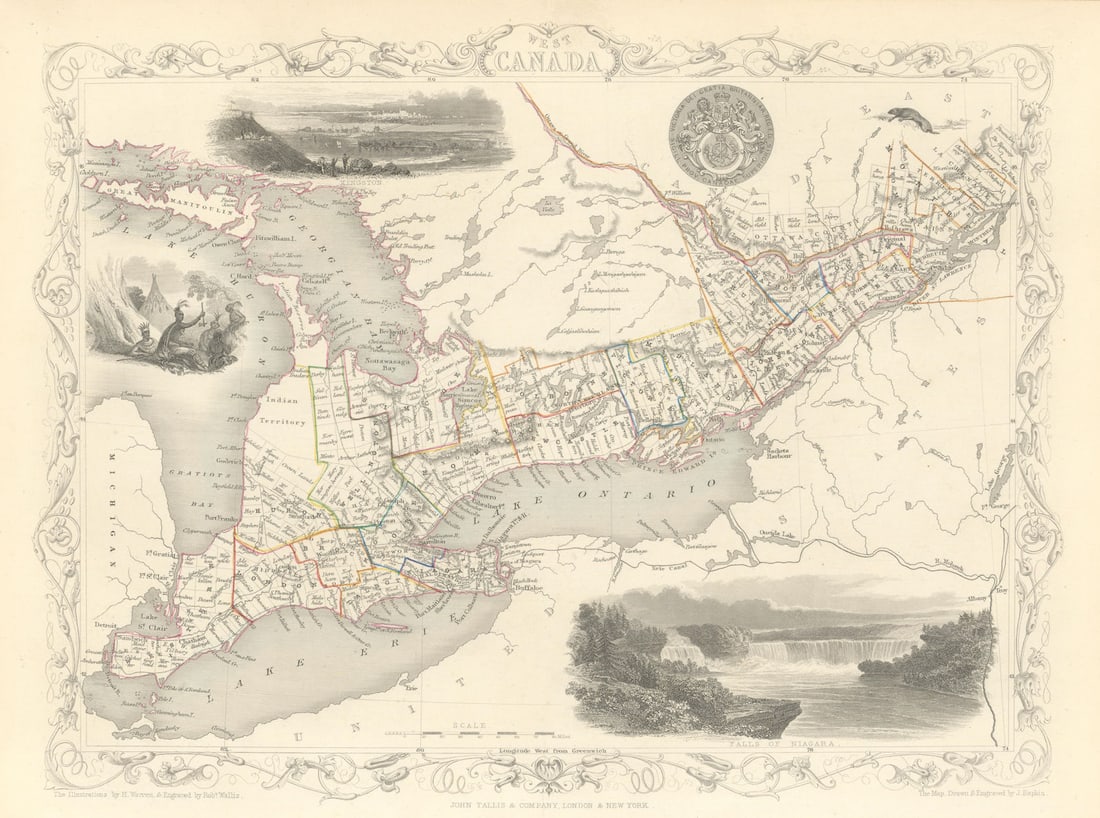 WEST CANADA'. Southern Ontario. Shows'Indian territory' TALLIS/RAPKIN 1851 map (1 of 1)