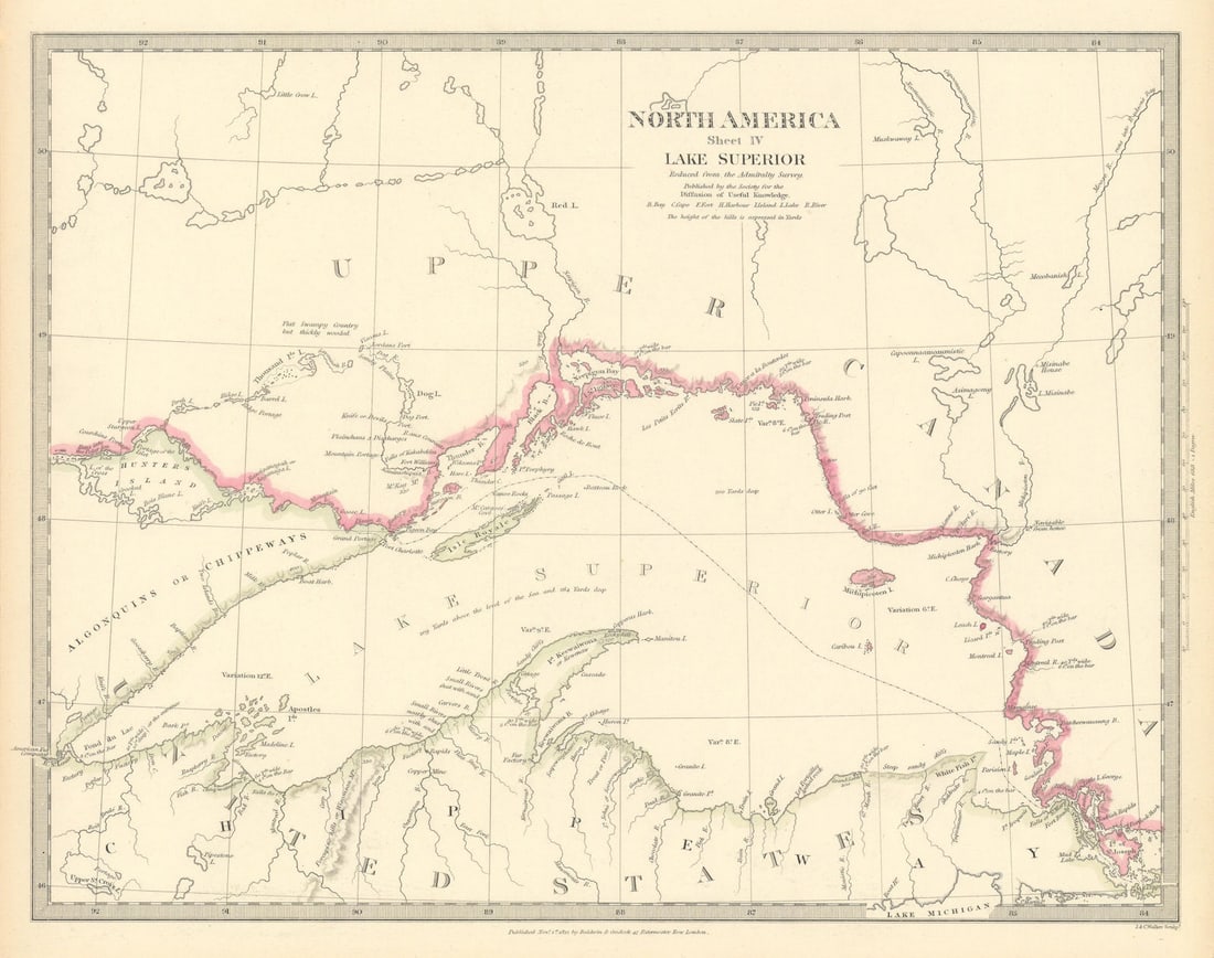 LAKE SUPERIOR.Canada USA Ontario Chippewa Michigan.Indian tribes.SDUK 1844 map (1 of 1)