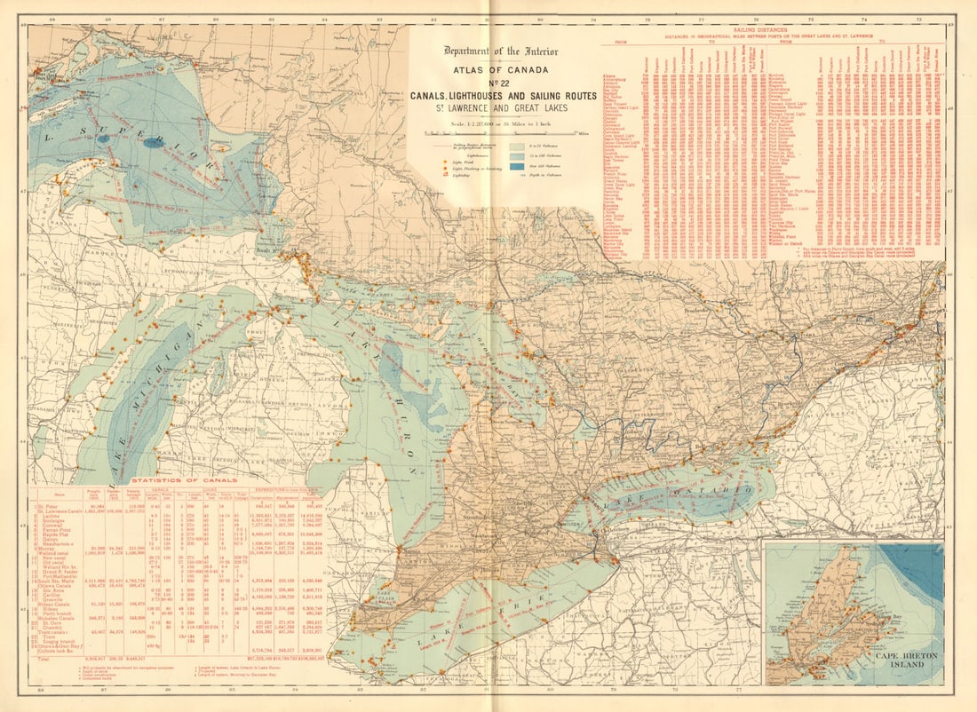 GREAT LAKES & ST LAWRENCE. Canals, lighthouses & sailing routes. WHITE 1906 map (1 of 1)
