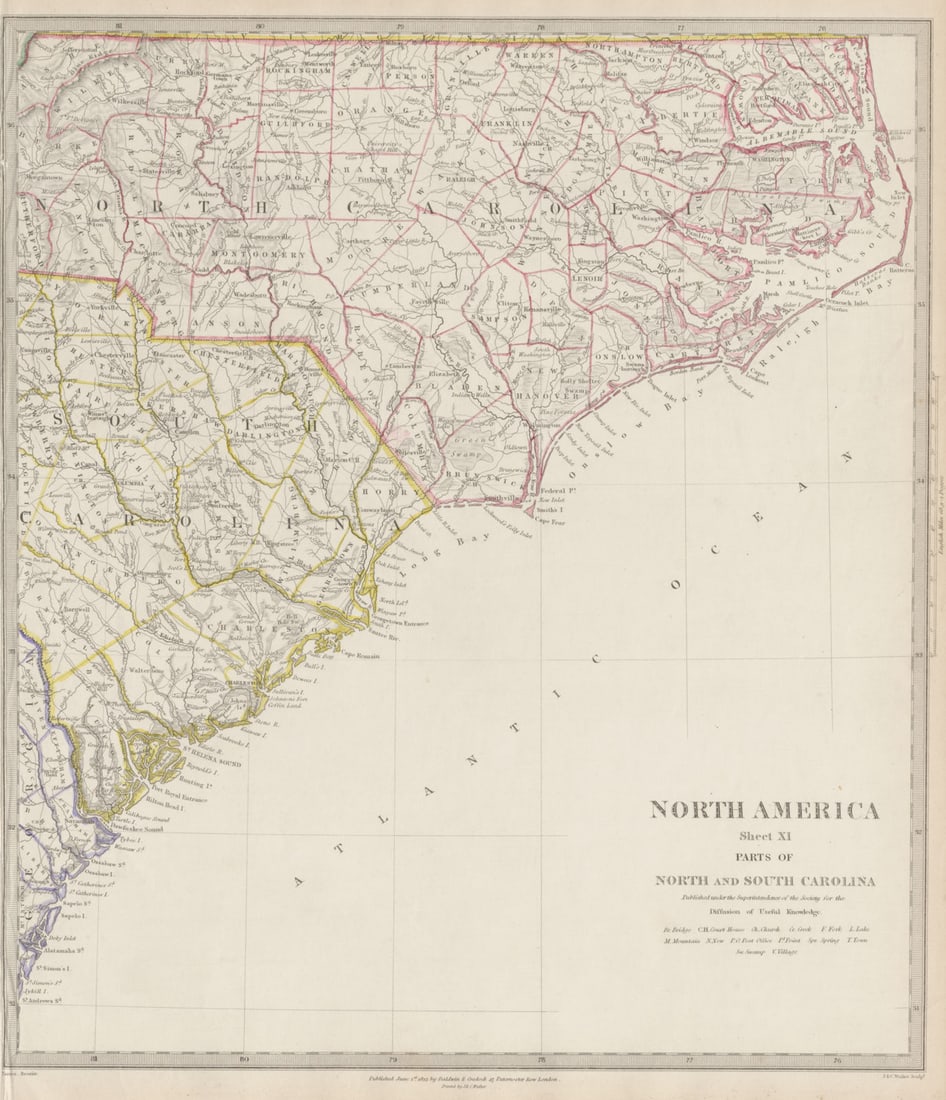 USA. Coastal North & South Carolina. Charleston Cape Hatteras. SDUK 1844 map (1 of 1)