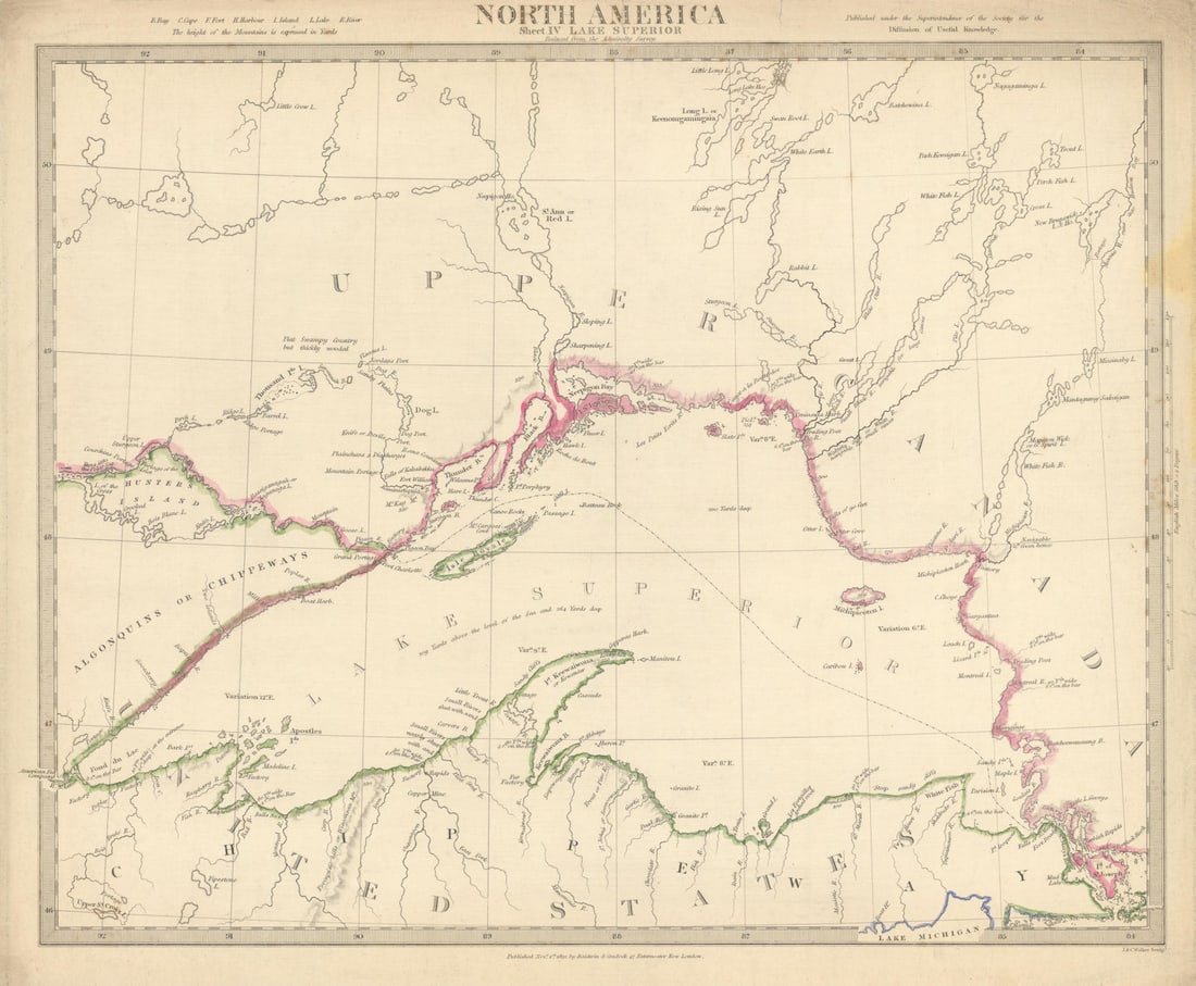LAKE SUPERIOR USA/Canada Ontario Chippewa Michigan Indian tribes SDUK 1844 map (1 of 1)