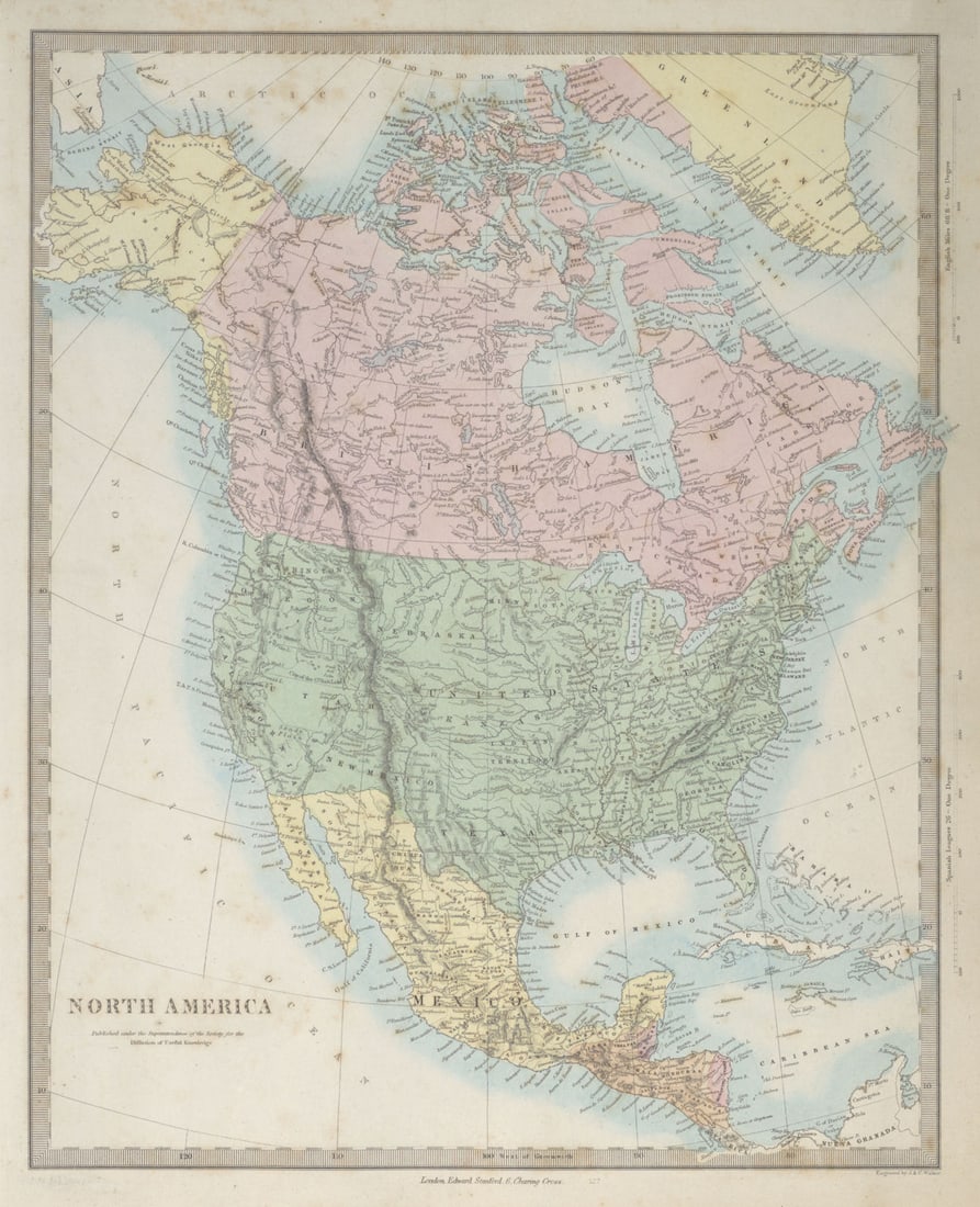 NORTH AMERICA. Russian America. Canadian West Greenland. SDUK 1857 old map: Title: NORTH AMERICA. Russian America. Canadian West Greenland. SDUK 1857 old map Description: NORTH AMERICA'. The western part of the Mexican US border follows the River Gila, although the Gadsden