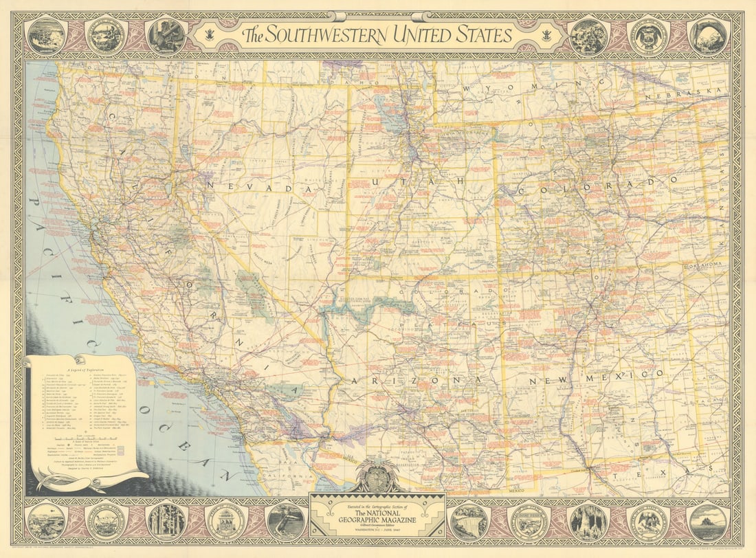 The Southwestern United States by National Geographic 1940 old vintage map: Title: The Southwestern United States by National Geographic 1940 old vintage map Description: The Southwestern United States'. The map features a rich array of historical notes and events, including 