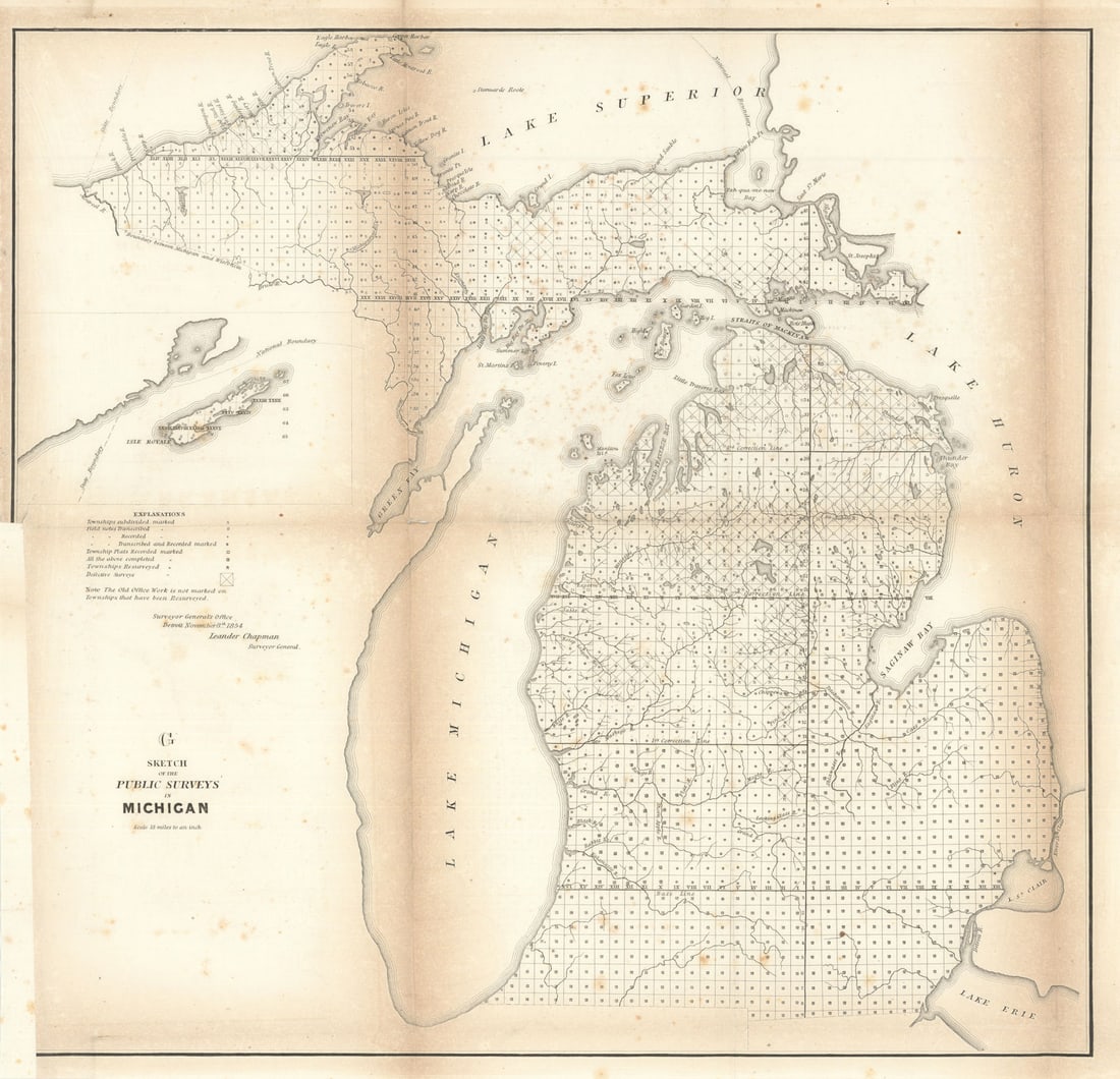 Sketch of the Public Surveys in Michigan. US Topographical Bureau 1854 old map: Title: Sketch of the Public Surveys in Michigan. US Topographical Bureau 1854 old map Description: Sketch of the Public Surveys in Michigan'. Leander Chapman, Surveyor General. Published 1854. Antique