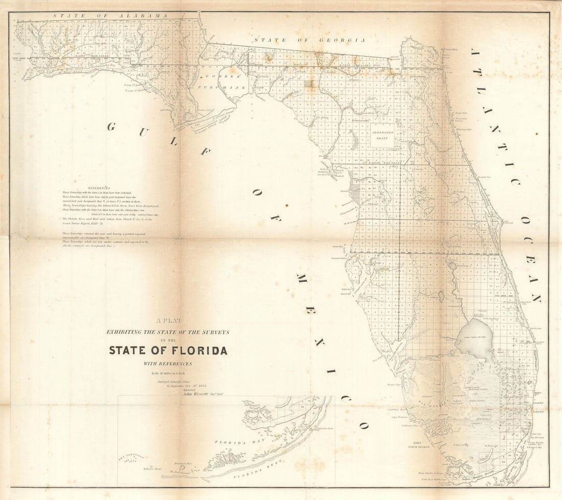A plat exhibiting the state of the Surveys in Florida. US Topo Bureau 1854 map: Title: A plat exhibiting the state of the Surveys in Florida. US Topo Bureau 1854 map Description: A plat exhibiting the state of the Surveys in Florida'. A large, original map of the state of