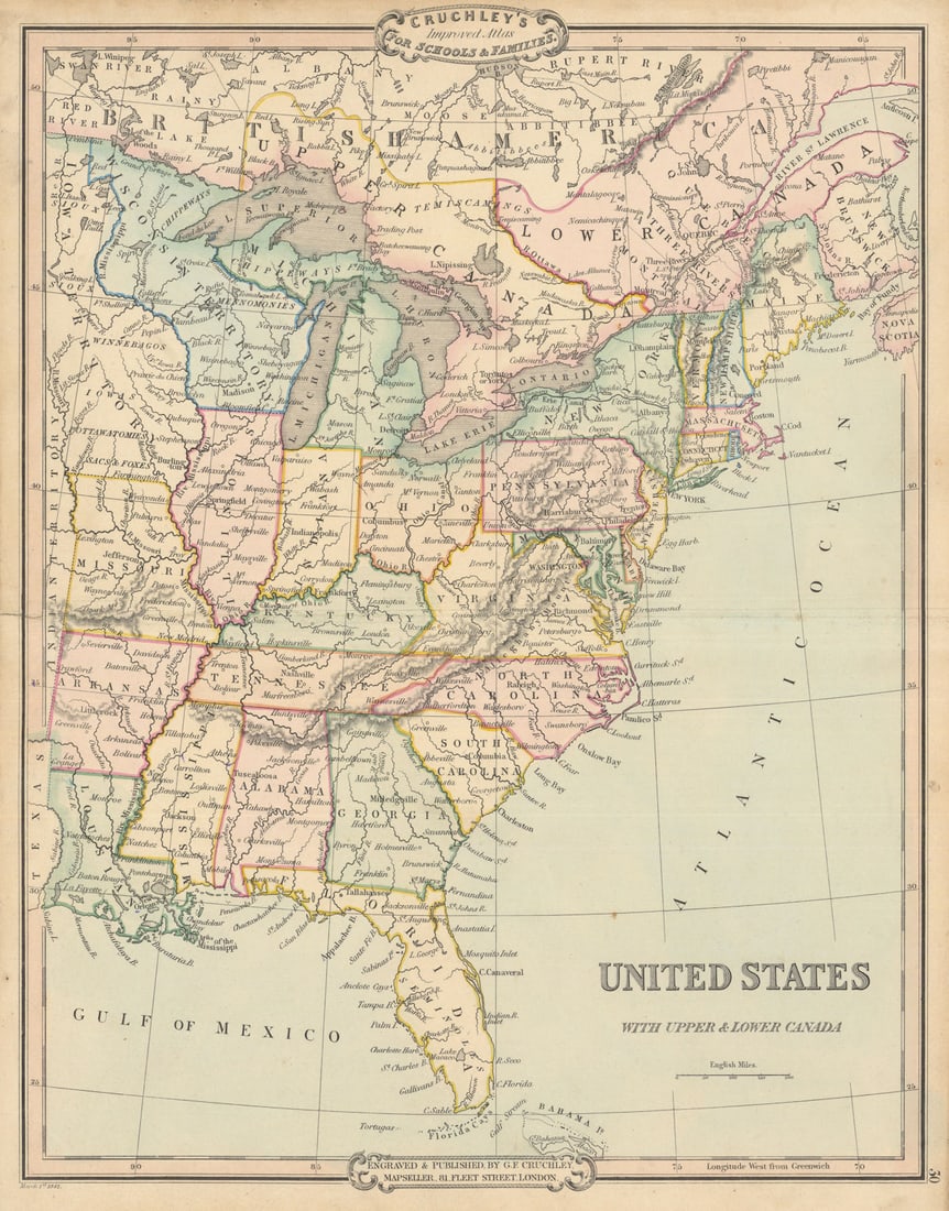 United States with Upper & Lower Canada. Antique map by George Cruchley 1843 (1 of 1)