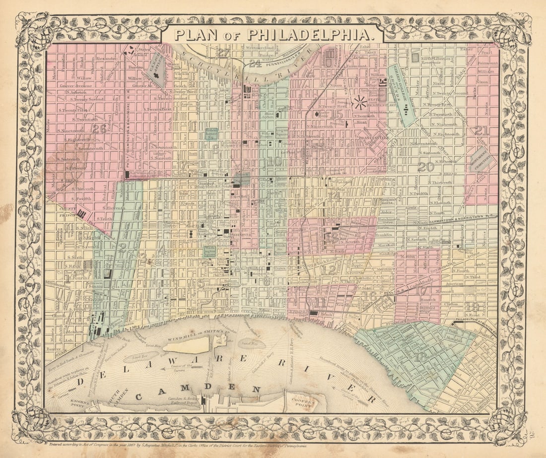 City "Plan of Philadelphia" by Samuel Augustus Mitchell 1869 old antique map: Title: City "Plan of Philadelphia" by Samuel Augustus Mitchell 1869 old antique map Description: Plan of Philadelphia' by Mitchell, Samuel Augustus Jr.. Published 1869. Decorative antique atlas map wi