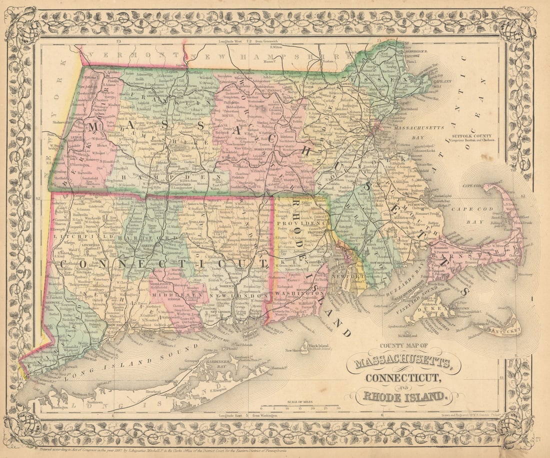 County map of Massachusetts, Connecticut, and Rhode Island. MITCHELL 1869 (1 of 1)