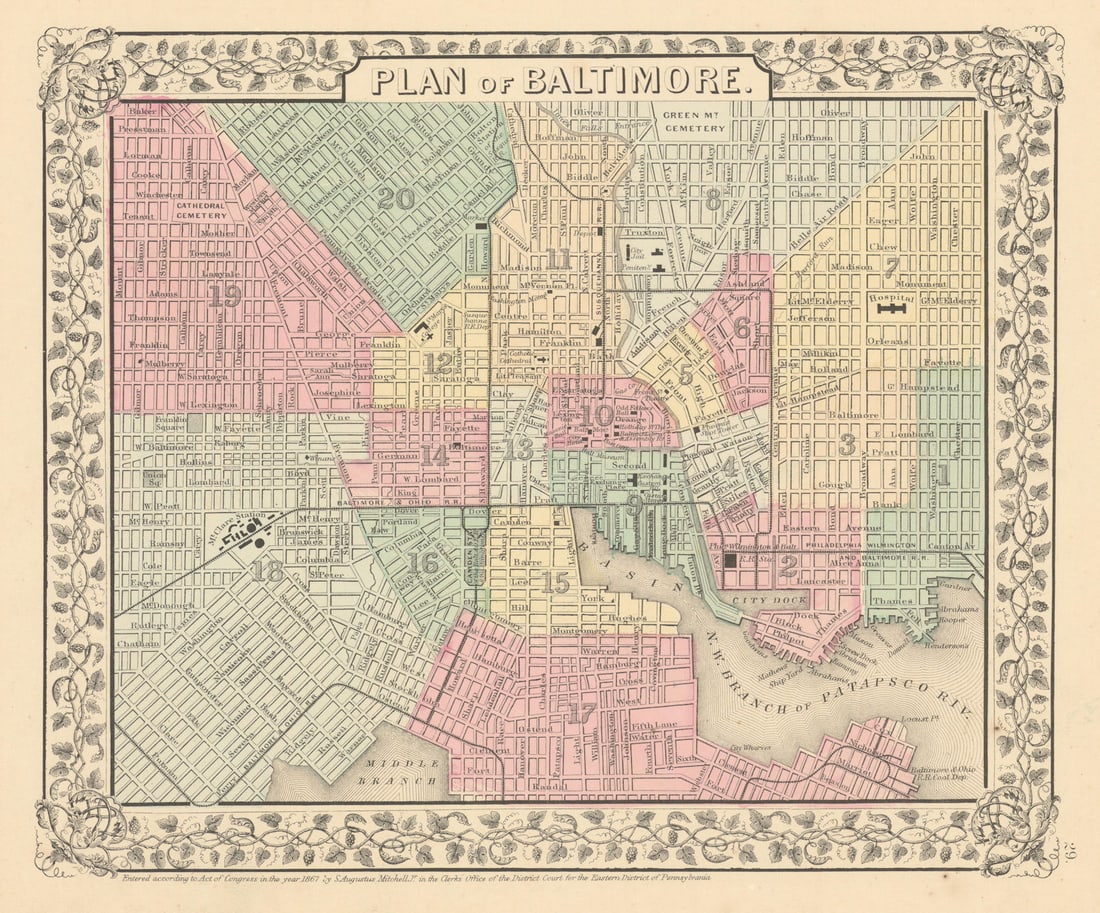 City "Plan of Baltimore" by Samuel Augustus Mitchell 1869 old antique map: Title: City "Plan of Baltimore" by Samuel Augustus Mitchell 1869 old antique map Description: Plan of Baltimore' by Mitchell, Samuel Augustus Jr.. Published 1869. Decorative antique atlas map with ori