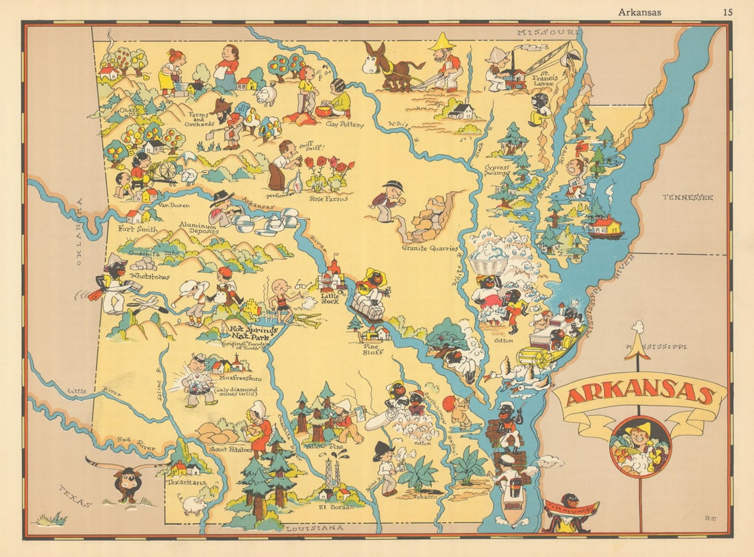 Arkansas. Pictorial state map by Ruth Taylor White 1935 old vintage chart: Title: Arkansas. Pictorial state map by Ruth Taylor White 1935 old vintage chart Description: Arkansas' by Taylor White, Ruth. Published 1935. Vintage colour pictorial map. The buyer should aware be