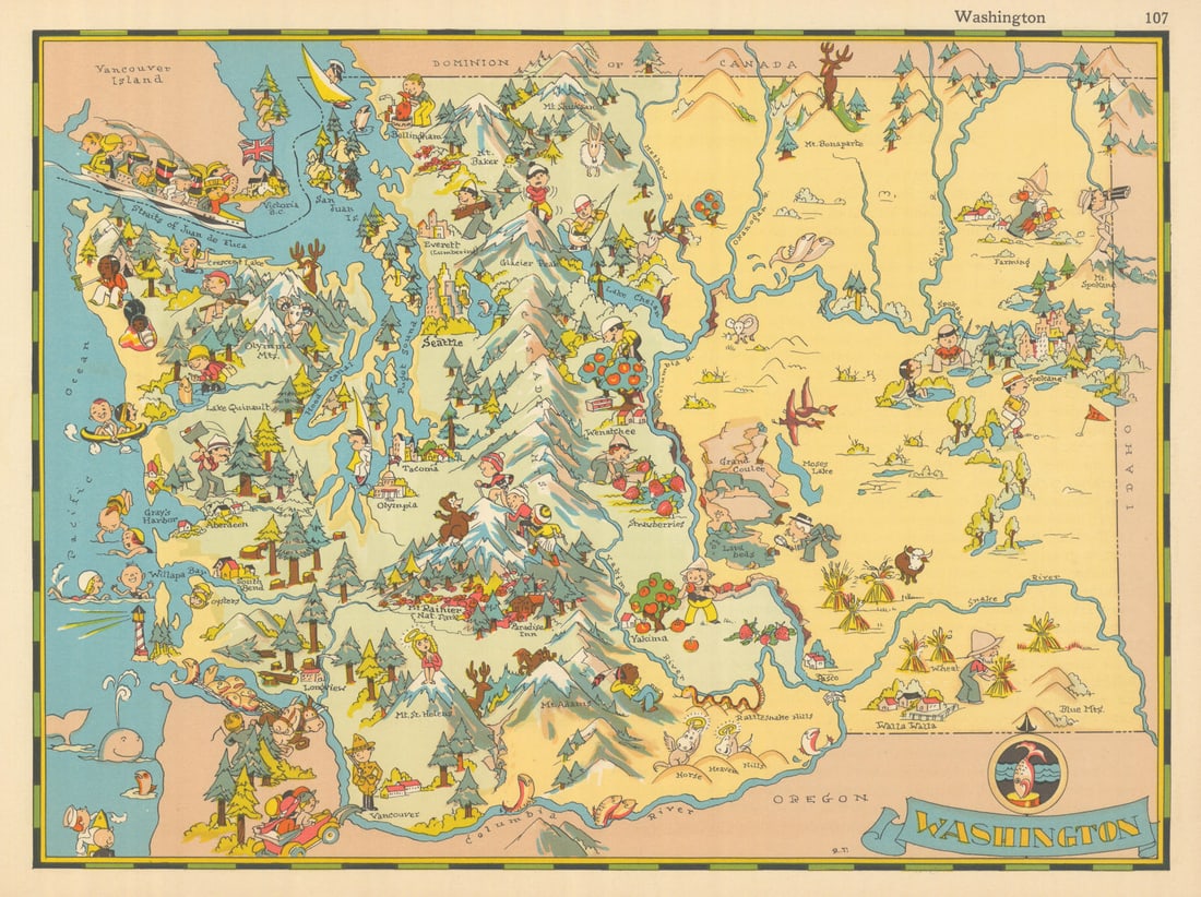 Washington. Pictorial state map by Ruth Taylor White 1935 old vintage: Title: Washington. Pictorial state map by Ruth Taylor White 1935 old vintage Description: Washington' by Taylor White, Ruth. Published 1935. Vintage colour pictorial map. The buyer should aware be