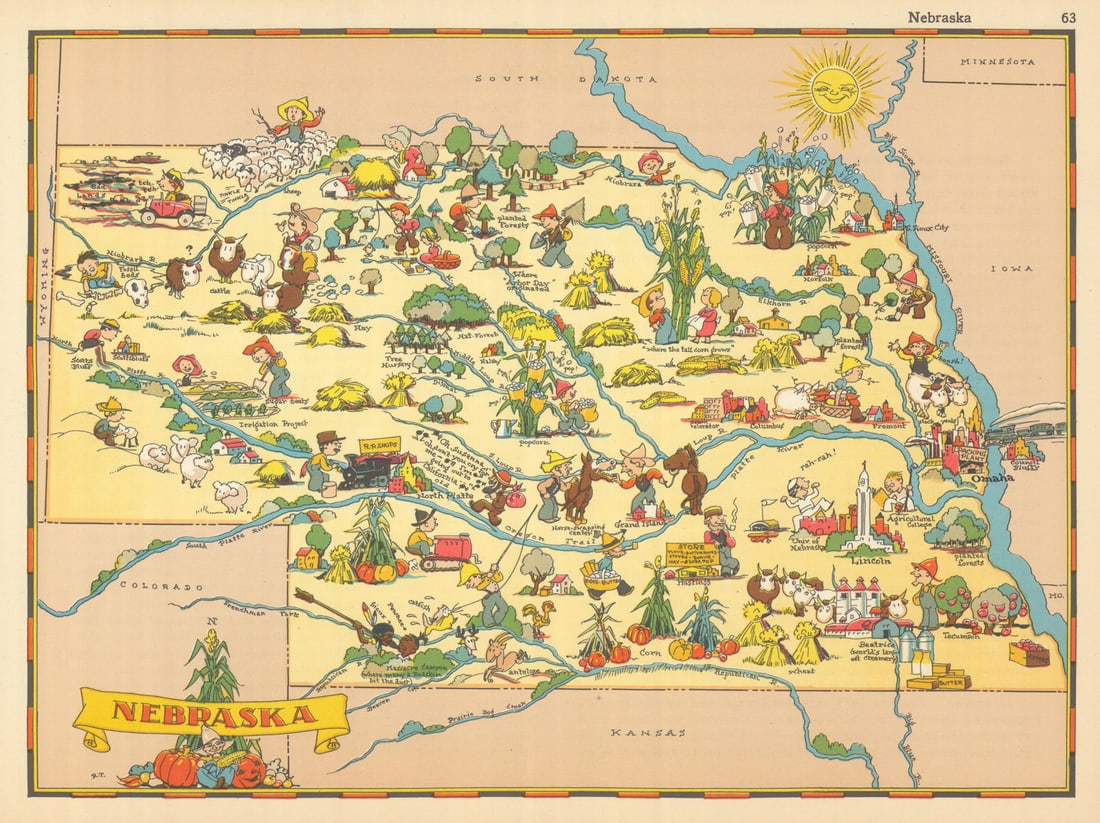 Nebraska. Pictorial state map by Ruth Taylor White 1935 old vintage chart: Title: Nebraska. Pictorial state map by Ruth Taylor White 1935 old vintage chart Description: Nebraska' by Taylor White, Ruth. Published 1935. Vintage colour pictorial map. The buyer should aware be t