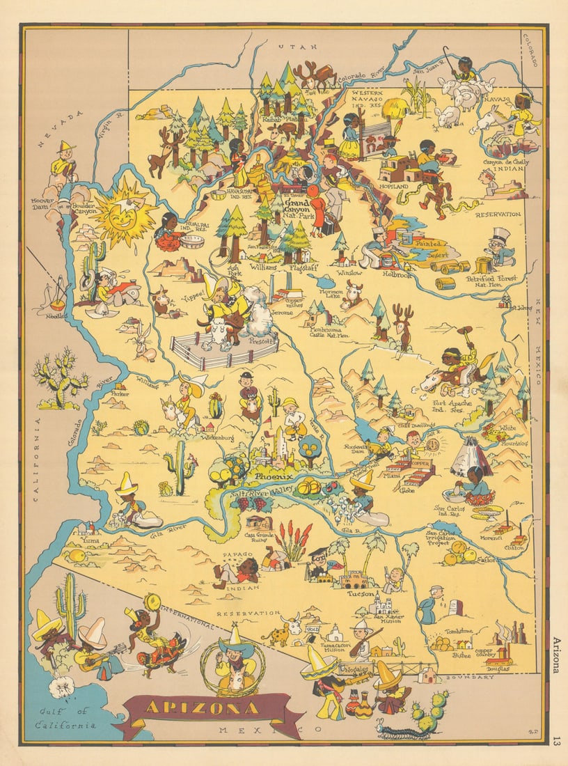 Arizona. Pictorial state map by Ruth Taylor White 1935 old vintage chart: Title: Arizona. Pictorial state map by Ruth Taylor White 1935 old vintage chart Description: Arizona' by Taylor White, Ruth. Published 1935. Vintage colour pictorial map. The buyer should aware be tha