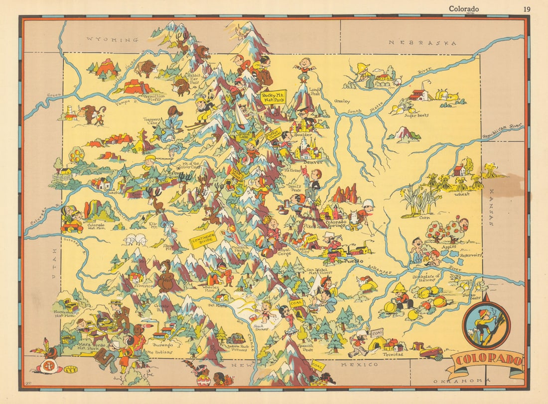 Colorado. Pictorial state map by Ruth Taylor White 1935 old vintage chart: Title: Colorado. Pictorial state map by Ruth Taylor White 1935 old vintage chart Description: Colorado' by Taylor White, Ruth. Published 1935. Vintage colour pictorial map. The buyer should aware be t