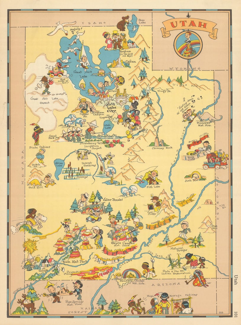 Utah. Pictorial state map by Ruth Taylor White 1935 old vintage plan chart: Title: Utah. Pictorial state map by Ruth Taylor White 1935 old vintage plan chart Description: Utah' by Taylor White, Ruth. Published 1935. Vintage colour pictorial map. The buyer should aware be that