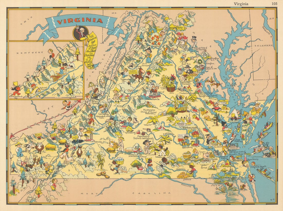 Virginia. Pictorial state map by Ruth Taylor White 1935 old vintage chart (1 of 1)