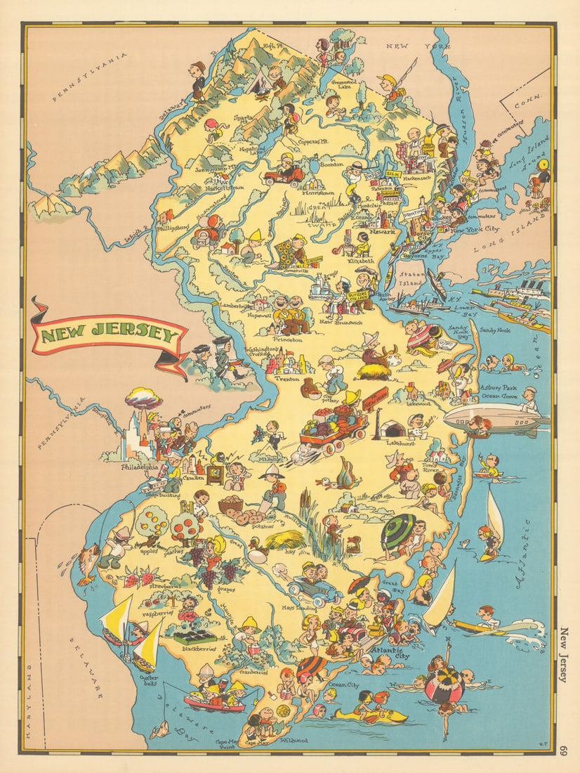 New Jersey. Pictorial state map by Ruth Taylor White 1935 old vintage: Title: New Jersey. Pictorial state map by Ruth Taylor White 1935 old vintage Description: New Jersey' by Taylor White, Ruth. Published 1935. Vintage colour pictorial map. The buyer should aware be tha