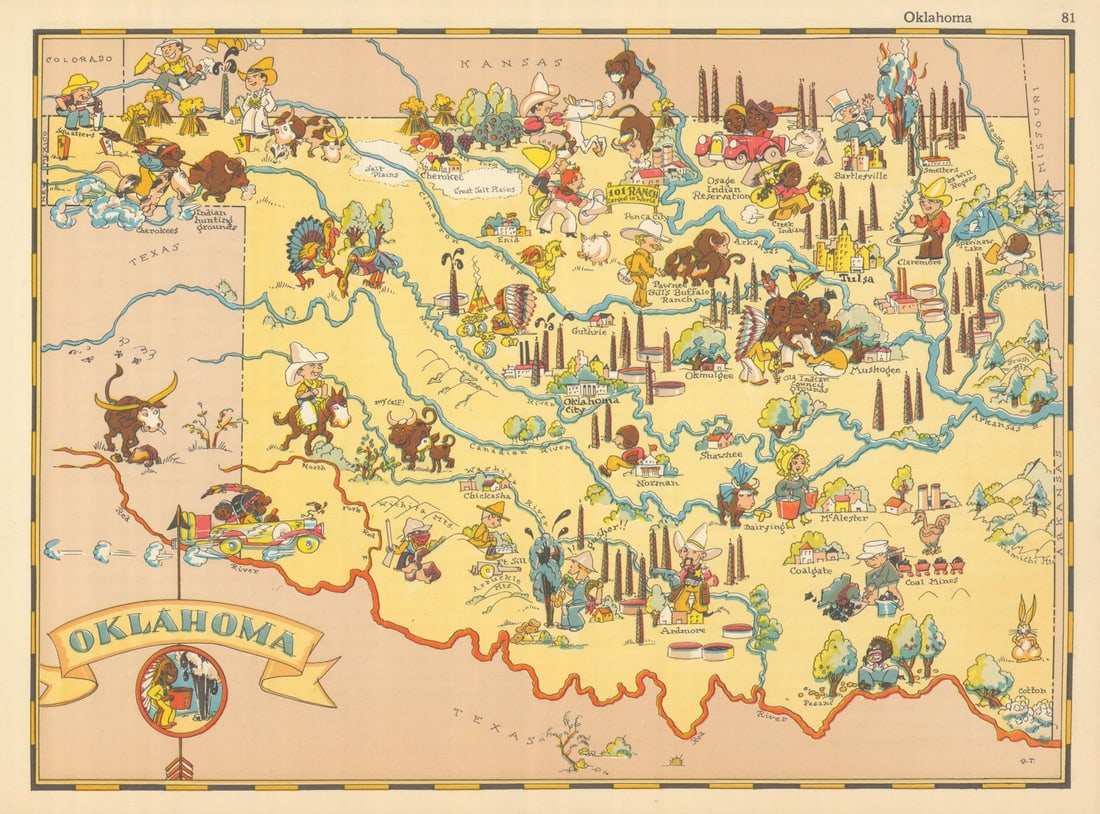 Oklahoma. Pictorial state map by Ruth Taylor White 1935 old vintage chart: Title: Oklahoma. Pictorial state map by Ruth Taylor White 1935 old vintage chart Description: Oklahoma' by Taylor White, Ruth. Published 1935. Vintage colour pictorial map. The buyer should aware be
