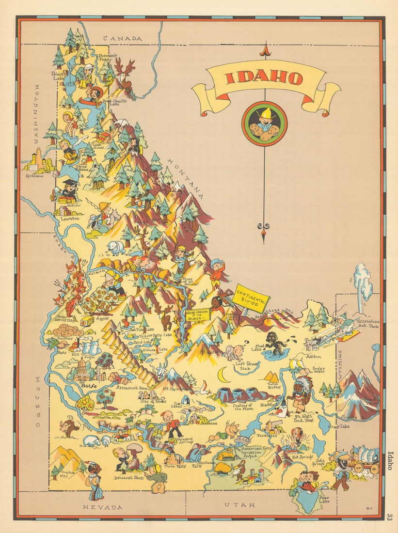 Idaho. Pictorial state map by Ruth Taylor White 1935 old vintage chart: Title: Idaho. Pictorial state map by Ruth Taylor White 1935 old vintage chart Description: Idaho' by Taylor White, Ruth. Published 1935. Vintage colour pictorial map. The buyer should aware be that