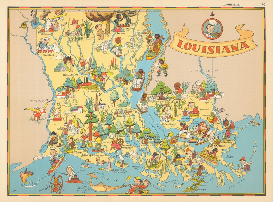 Louisiana. Pictorial state map by Ruth Taylor White 1935 old vintage chart: Title: Louisiana. Pictorial state map by Ruth Taylor White 1935 old vintage chart Description: Louisiana' by Taylor White, Ruth. Published 1935. Vintage colour pictorial map. The buyer should aware
