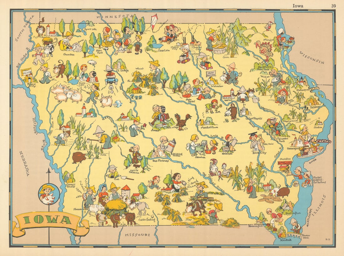 Iowa. Pictorial state map by Ruth Taylor White 1935 old vintage plan chart (1 of 1)