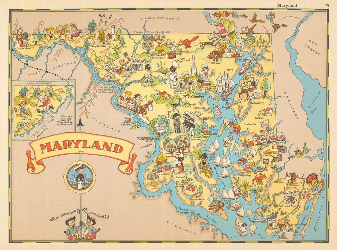 Maryland. Pictorial state map by Ruth Taylor White 1935 old vintage chart: Title: Maryland. Pictorial state map by Ruth Taylor White 1935 old vintage chart Description: Maryland' by Taylor White, Ruth. Published 1935. Vintage colour pictorial map. The buyer should aware be