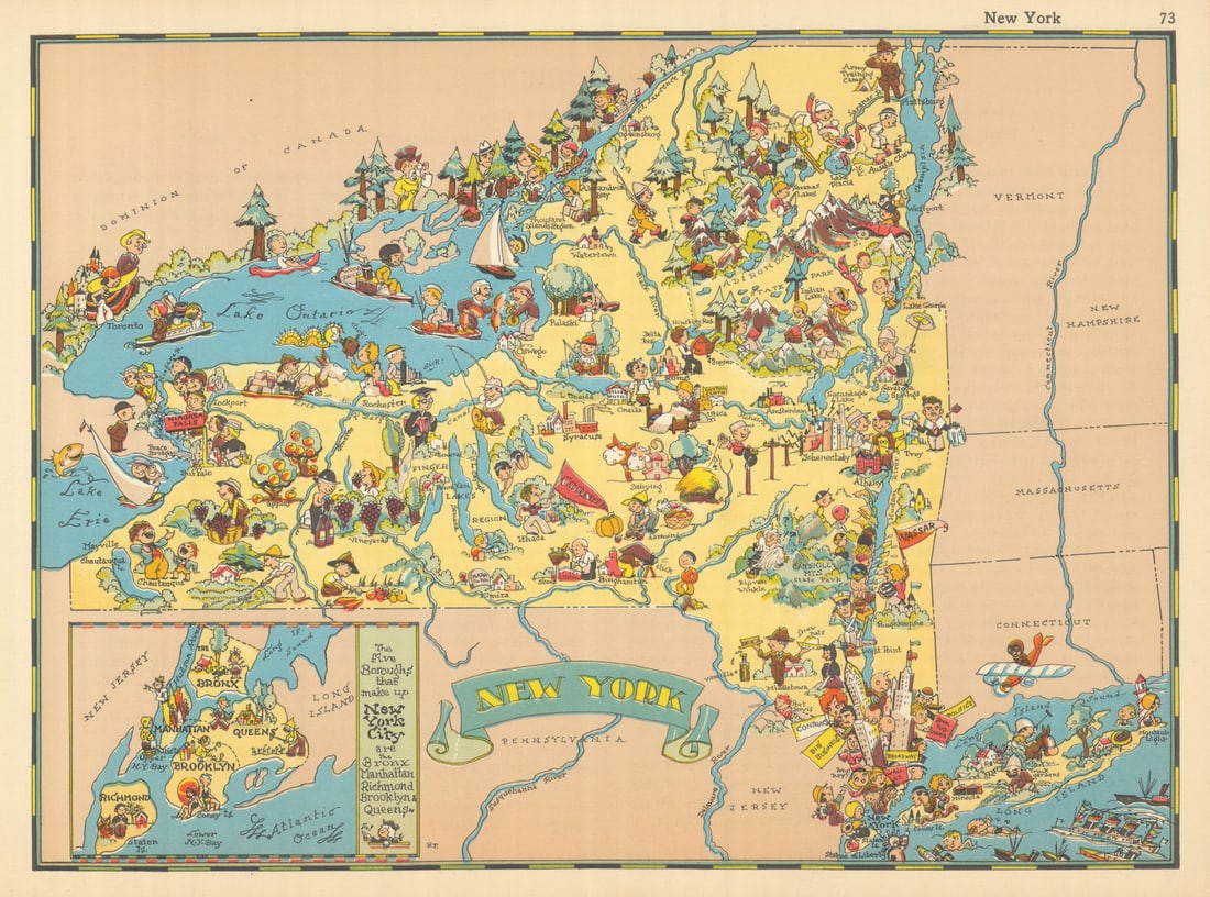 New York. Pictorial state map by Ruth Taylor White 1935 old vintage chart (1 of 1)