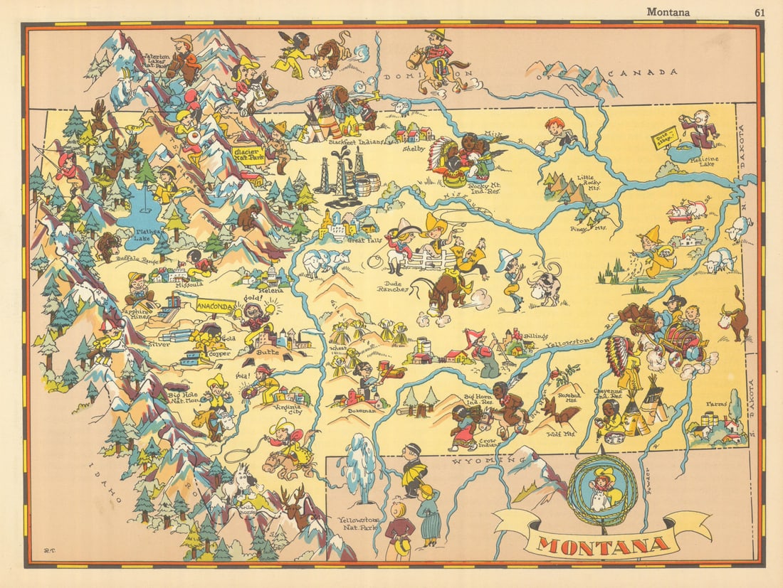 Montana. Pictorial state map by Ruth Taylor White 1935 old vintage chart: Title: Montana. Pictorial state map by Ruth Taylor White 1935 old vintage chart Description: Montana' by Taylor White, Ruth. Published 1935. Vintage colour pictorial map. The buyer should aware be tha