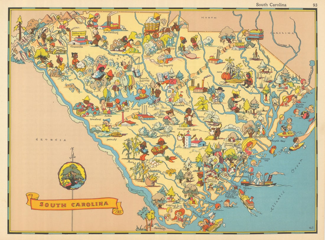 South Carolina. Pictorial state map by Ruth Taylor White 1935 old vintage (1 of 1)