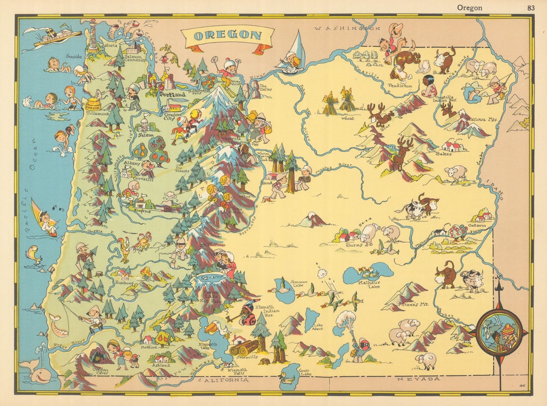 Oregon. Pictorial state map by Ruth Taylor White 1935 old vintage chart (1 of 1)