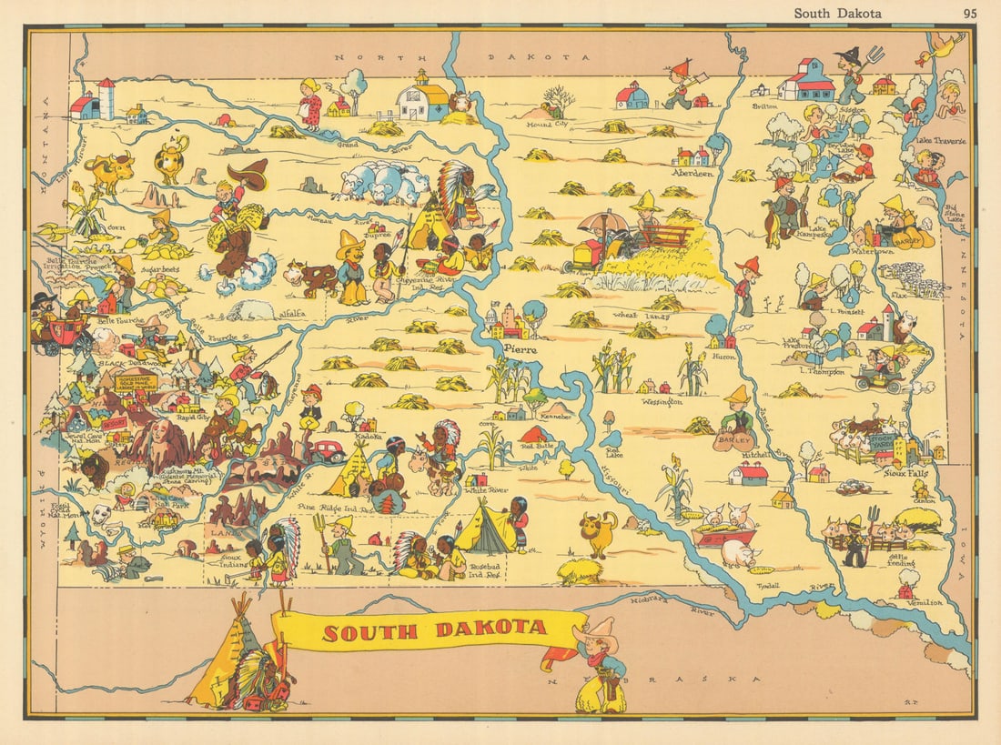 South Dakota. Pictorial state map by Ruth Taylor White 1935 old vintage (1 of 1)