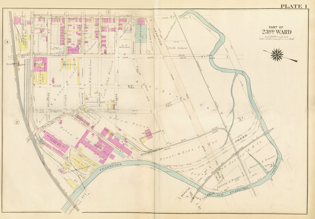 PHILADELPHIA Frankford. Duncan Church Ruan Juniata Aramingo Av BROMLEY 1929 map: Title: PHILADELPHIA Frankford. Duncan Church Ruan Juniata Aramingo Av BROMLEY 1929 map Description: Part of 23rd Ward'. This map was prepared for fire insurance purposes by the civil engineering firm