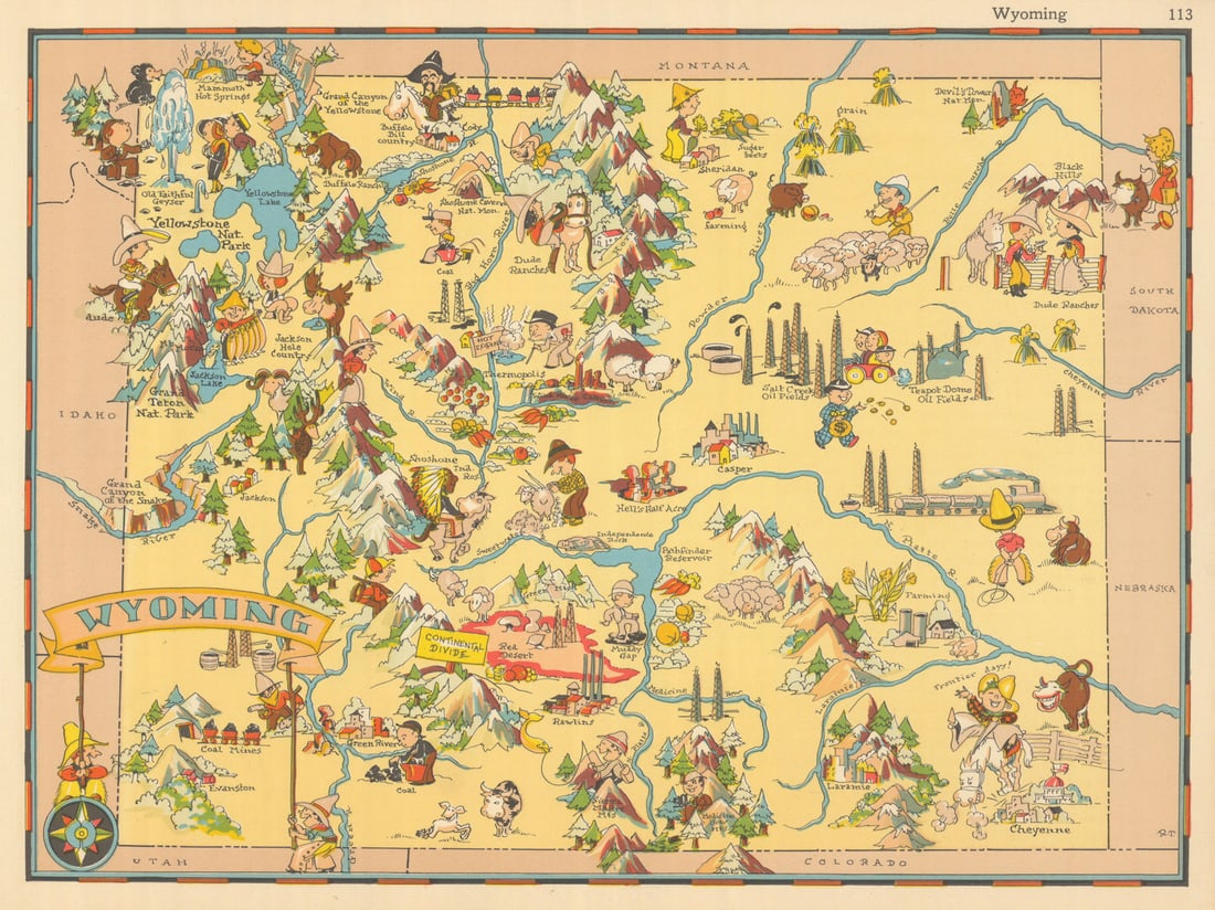 Wyoming. Pictorial state map by Ruth Taylor White 1935 old vintage chart (1 of 1)