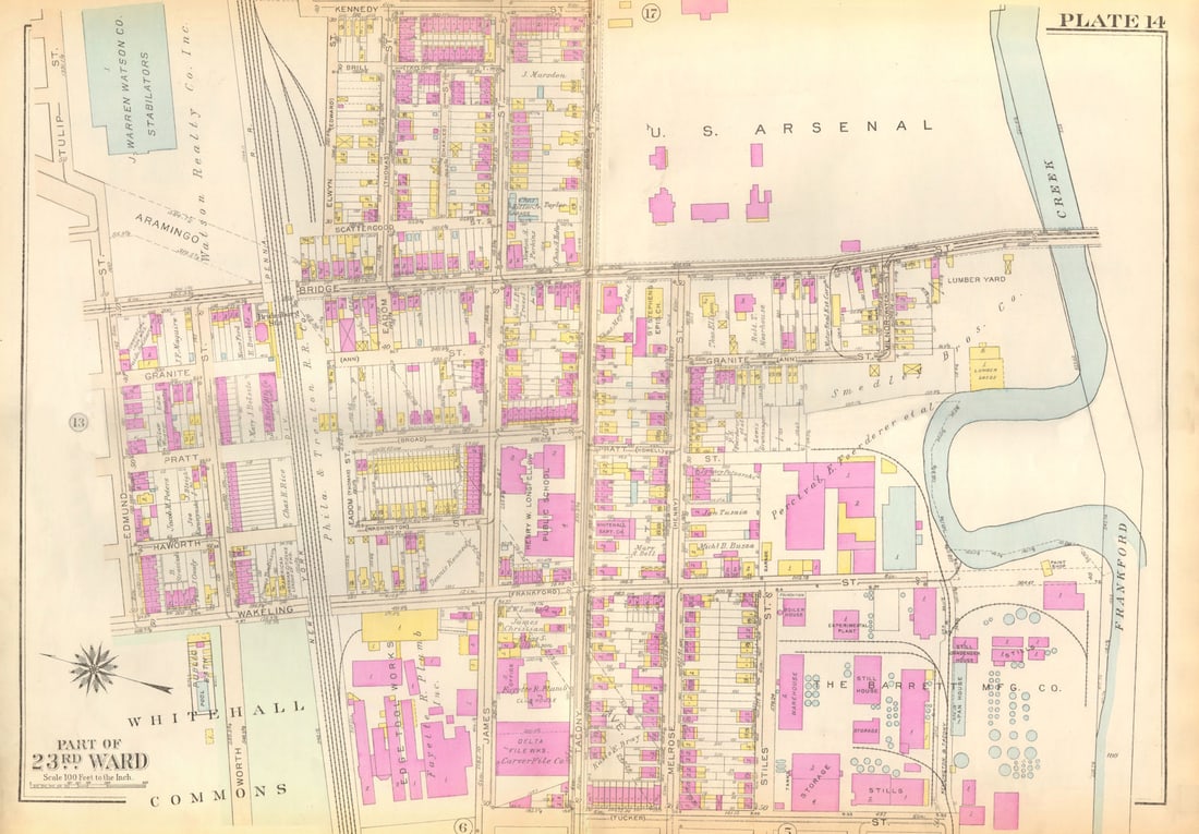 PHILADELPHIA. Frankford. Arsenal Bridge Wakeling James Melrose BROMLEY 1929 map: Title: PHILADELPHIA. Frankford. Arsenal Bridge Wakeling James Melrose BROMLEY 1929 map Description: Part of 23rd Ward'. This map was prepared for fire insurance purposes by the civil engineering firm 