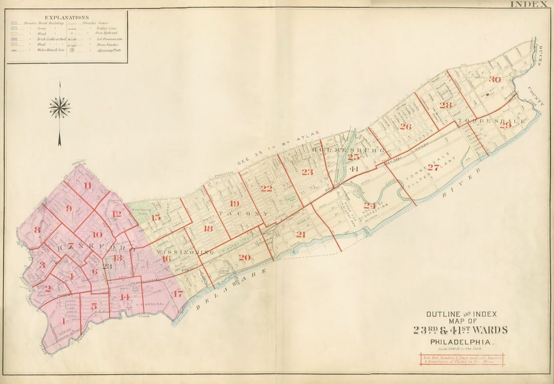 NE PHILADELPHIA. Frankford Tacony Wissinoming Holmesburg Torresdale 1929 map: Title: NE PHILADELPHIA. Frankford Tacony Wissinoming Holmesburg Torresdale 1929 map Description: Outline and Index Map of 23rd & 41st wards, Philadelphia, Scale 1200 ft to the Inch'. G.W. Bromley