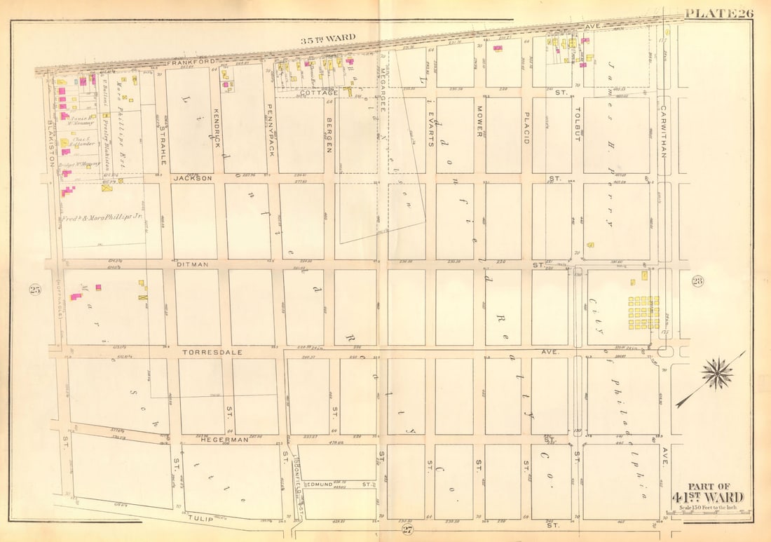 PHILADELPHIA Holmesburg. Evarts Jackson Ditman Tulip Blakiston BROMLEY 1929 map: Title: PHILADELPHIA Holmesburg. Evarts Jackson Ditman Tulip Blakiston BROMLEY 1929 map Description: Part of 41st Ward'. This map was prepared for fire insurance purposes by the civil engineering firm