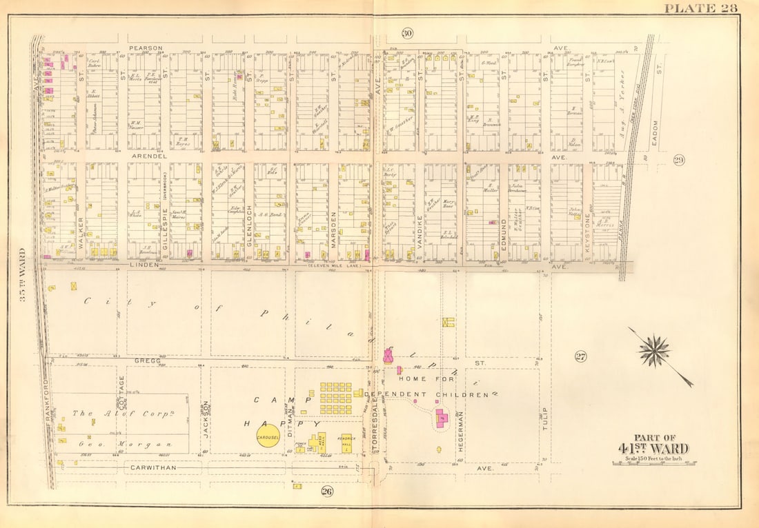 PHILADELPHIA Holmesburg Torresdale. Linden Arendell Pearson Av BROMLEY 1929 map: Title: PHILADELPHIA Holmesburg Torresdale. Linden Arendell Pearson Av BROMLEY 1929 map Description: Part of 41st Ward'. This map was prepared for fire insurance purposes by the civil engineering firm