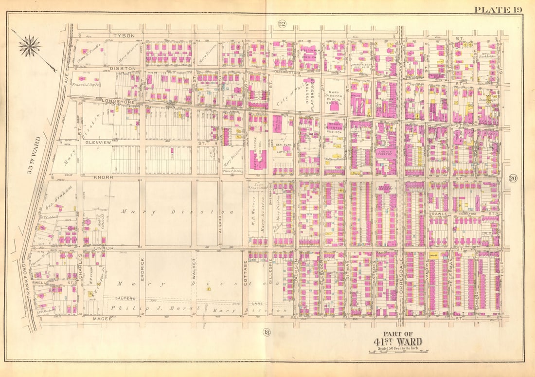 PHILADELPHIA Tacony. Disston Longshore Tyson Magee Unruh Knorr BROMLEY 1929 map: Title: PHILADELPHIA Tacony. Disston Longshore Tyson Magee Unruh Knorr BROMLEY 1929 map Description: Part of 41st Ward'. This map was prepared for fire insurance purposes by the civil engineering firm