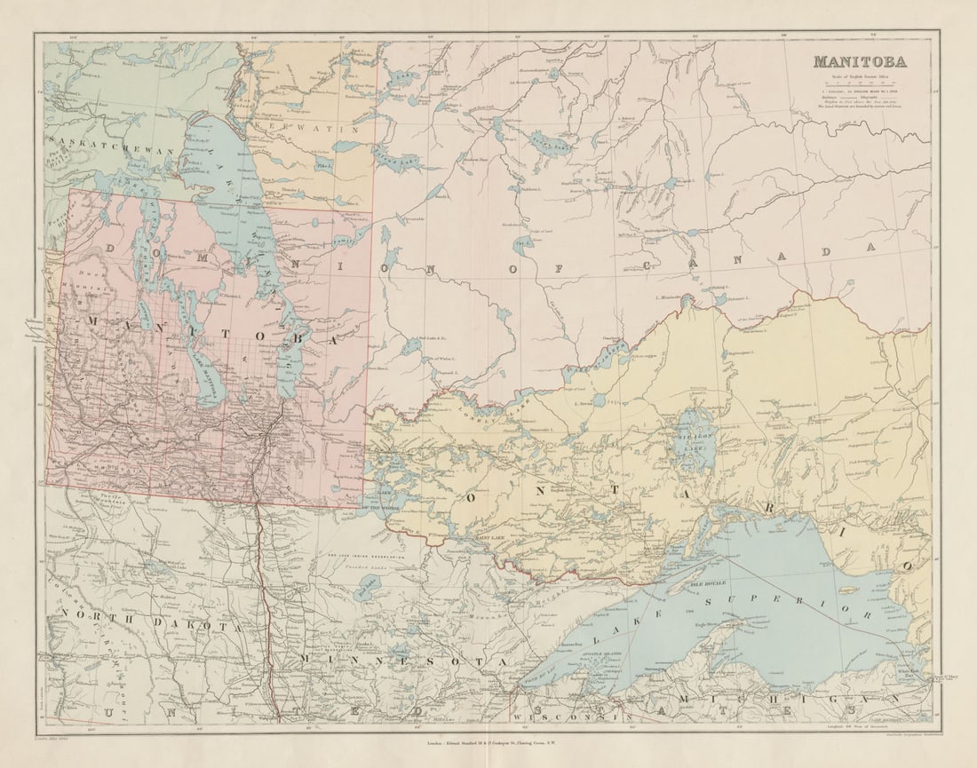 Manitoba "postage stamp province" District of Keewatin Canada. STANFORD 1894 map: Title: Manitoba "postage stamp province" District of Keewatin Canada. STANFORD 1894 map Description: Manitoba'. Stanford's Geographical Establishment. Published 1894. Large (folio) antique atlas map.