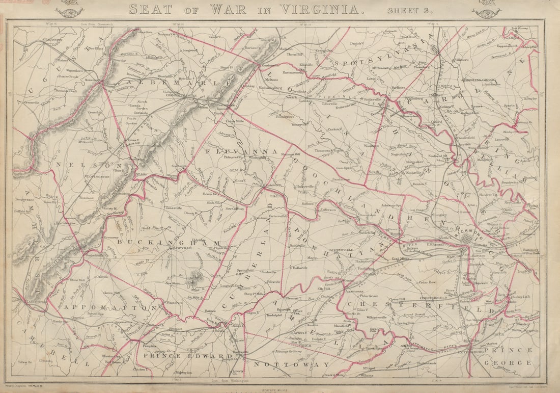 US CIVIL WAR Seat of War in Virginia sheet 3 Richmond Lynchburg. WELLER 1863 map (1 of 1)