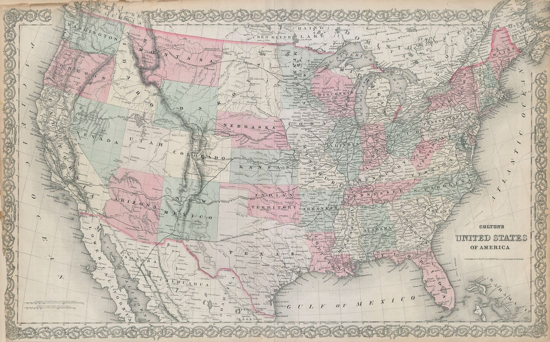 Colton's United States of America. Dakota & Wyoming merged. Railroads 1869 map: Title: Colton's United States of America. Dakota & Wyoming merged. Railroads 1869 map Description: Colton's United States of America'. The map shows the intended routes of several incomplete and